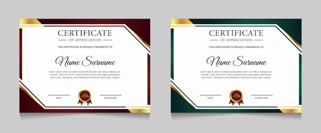 Set di design modello di certificato con forme moderne di lusso oro