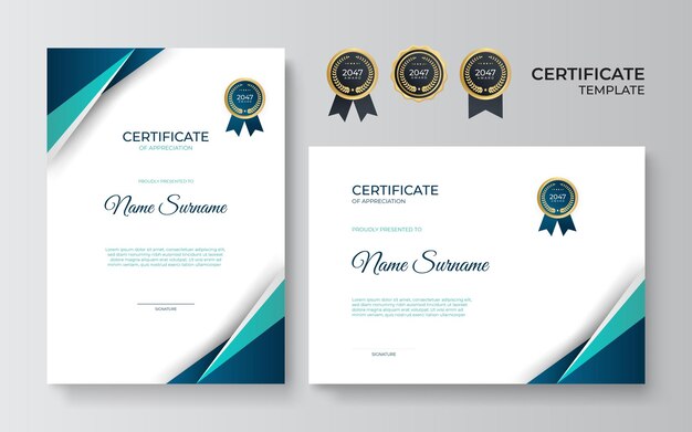 Impostare il modello di certificato con colore poligonale dinamico e futuristico geometrico verde blu e sfondo moderno. design certificato blu in stile professionale.