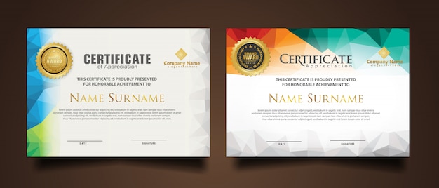 Set certificate template with dynamic and futuristic polygonal color and modern shapes