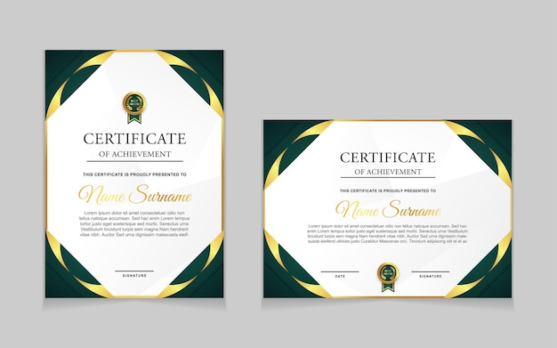 Impostare il modello di certificato con forme moderne di lusso in oro e colore verde