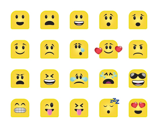 Set of chamfered square icons in different emotions and moods