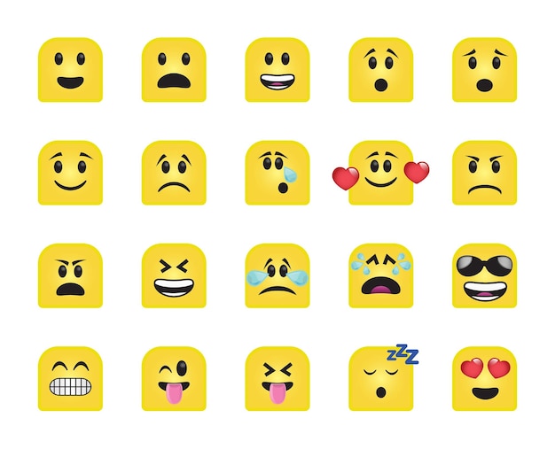 Vector set of chamfered square icons in different emotions and moods