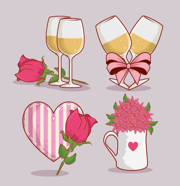 Vector set champagne glass with roses and flowers decoration