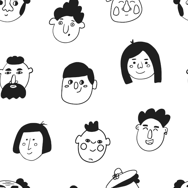 Vector set of character faces in doodle style vector seamless pattern