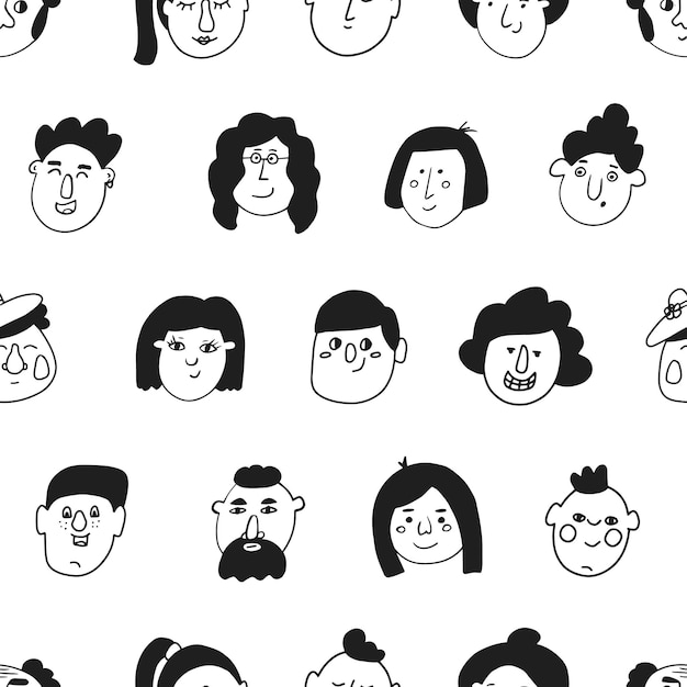 Vector set of character faces in doodle style vector seamless pattern