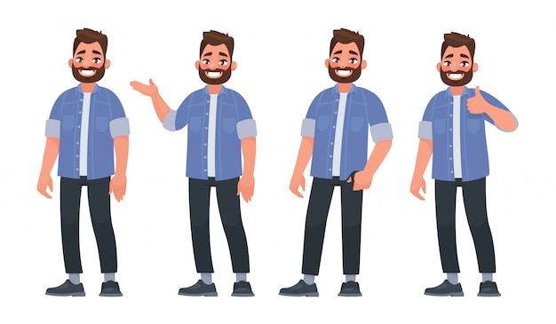 Vector set of character a handsome bearded man in casual clothes in different poses