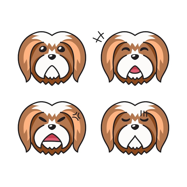 Set of character lhasa apso dog faces showing different emotions