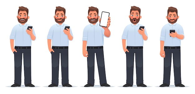 Vector set of character of a man with a smartphone businessman various emotions uses a gadget shows screen