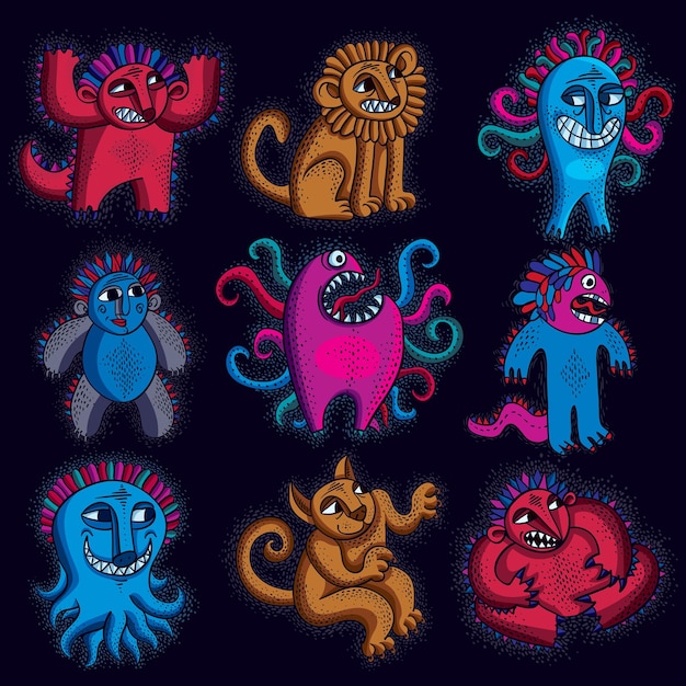 Set of character monsters vector illustration, collection of cute mutants. cat playing, cool kitty isolated, funny toy. sitting lion with teeth and beautiful mane. mascot symbol, graphic design.