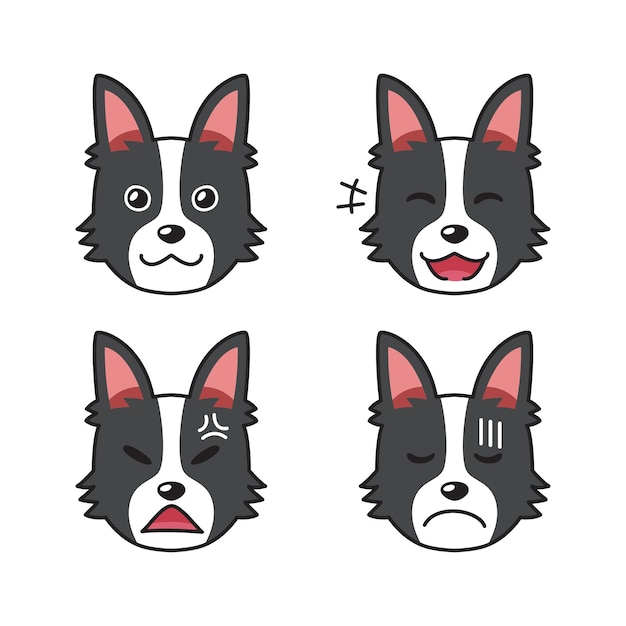 デザインのためのさまざまな感情を示すキャラクターの牧羊犬の顔のセット