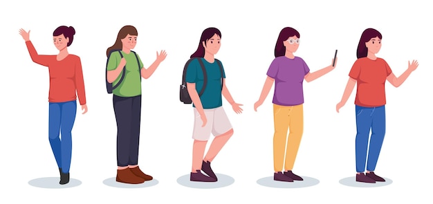 Set di carattere donna in abbigliamento casual in piedi illustrazione vettoriale