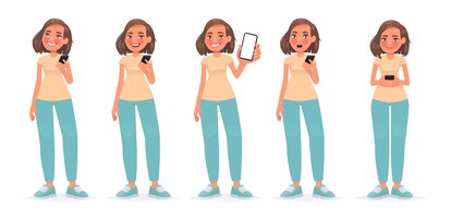 Vector set of character of woman with smartphone girl uses phone thinks uses the application shows screen