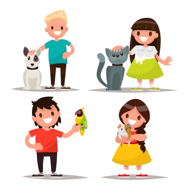 Vector set of characters. children with pets.