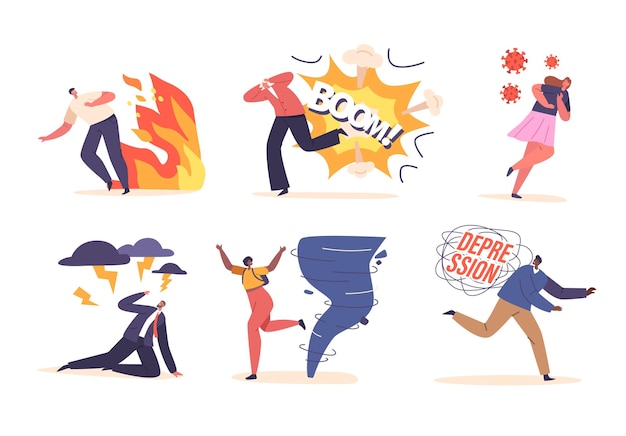 Vector set of characters escape fleeing in fear seeking safety from fire explosion virus or lightning bolts tornado and depression threats that looms in the vicinity cartoon people vector illustration