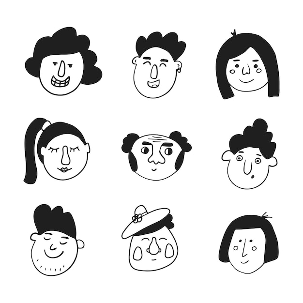 Vector set of characters faces in doodle style vector illustration