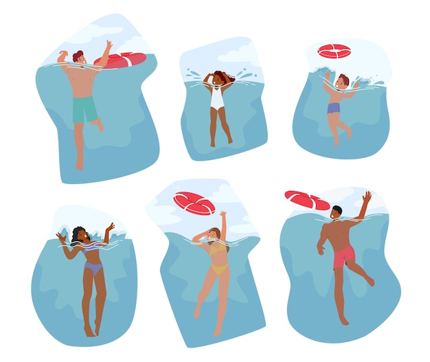 Vector set of characters flail in water struggling to stay afloat and gasping for air image depict fear and terror of drowning