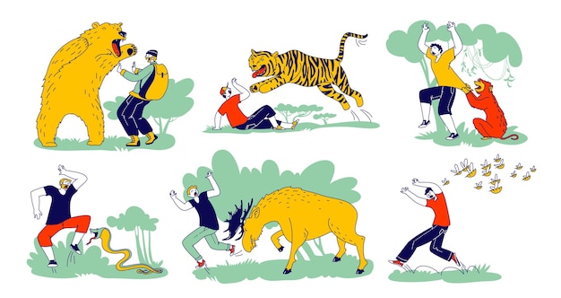 Set of characters is attacked with wild animals bear, tiger and ape with moose and bees. danger at outdoor recreation, unexpected situation in nature, beast attack. linear people vector illustration