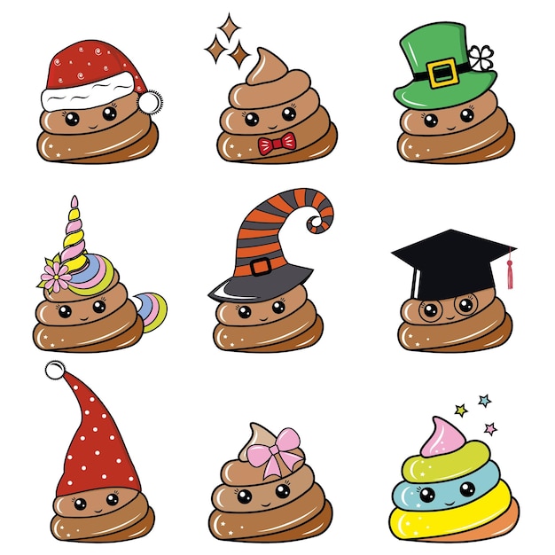 Vector a set of characters kawaii poop santa claus st patrick graduate scientist halloween witch girl boy unicorn gnome color vector illustration in cartoon style