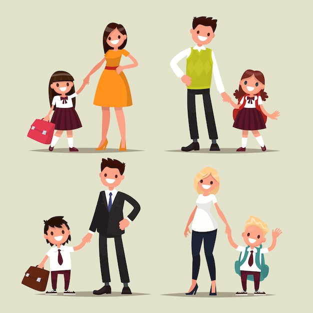 Vector set of characters. parents and children are students together. back to school.