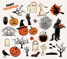 Set of  characters pumpkins witches silhouette bats cauldron spiders and web cat with violin
