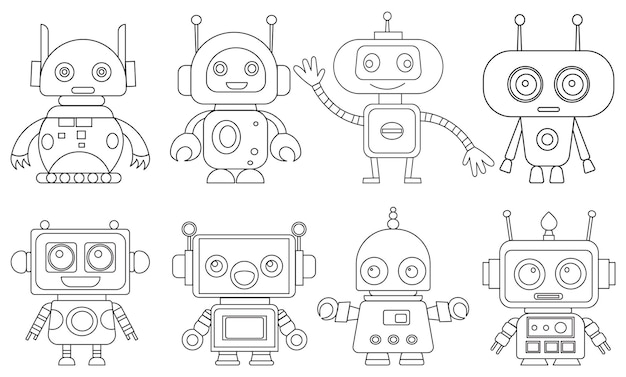 Set of characters robots coloring book isolated vector