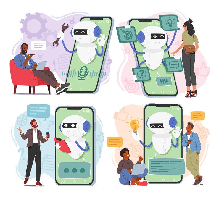 Vector set of characters use chatbot services for various purposes such as customer service scheduling appointments