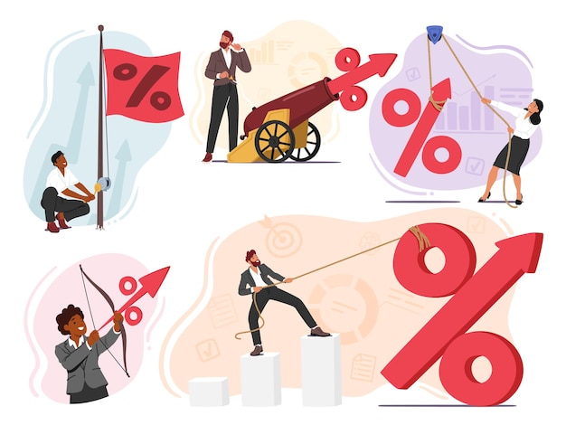 Set of Characters with Percent Signs Symbolize Interest Rate Hike Increase In Borrowing Cost By Central Banks Or Lender