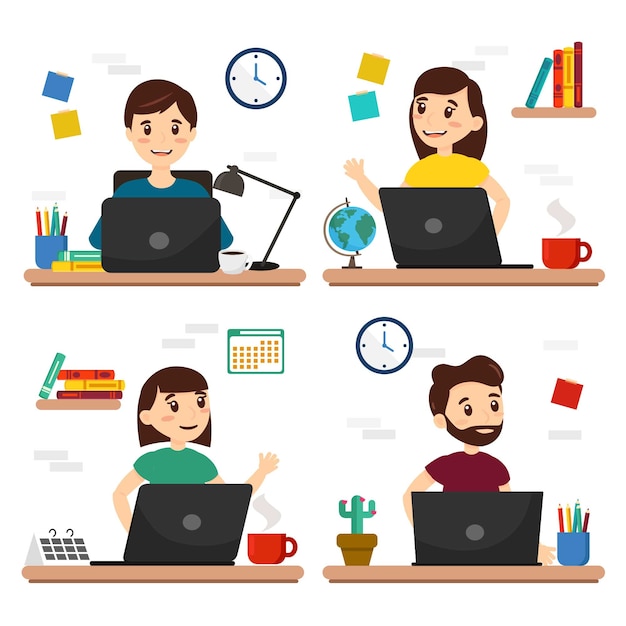 Vector set of characters working in homme, persons with a computer and office stuff