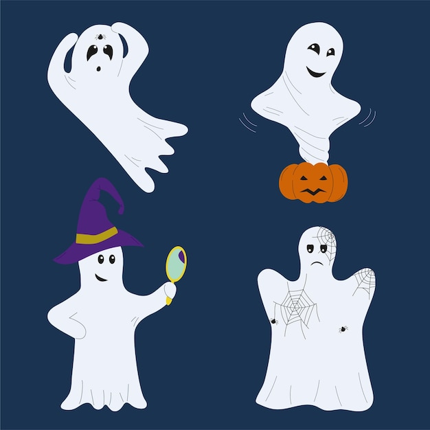 Набор очаровательных призраков на хэллоуин на синем фоне