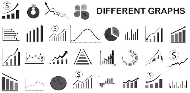 A set of charts of dips or upswings Statistics and chart data arrow down or up