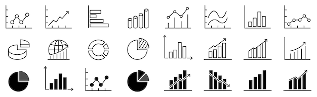 A set of charts and graphs related vector icons for your design. Graphics and statistics icons set. Collection of simple linear web icons, 3-D charts, line charts, candlesticks, combined, bar charts,