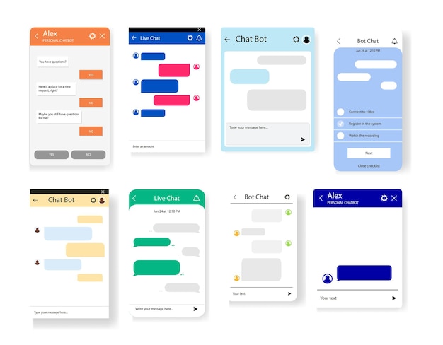 Set of chat bot dialoges windows for website and mobile app Collection of group text messaging app o