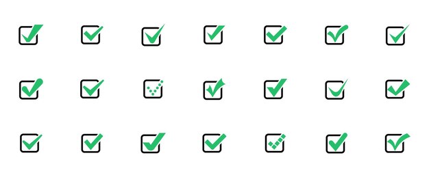 正方形のチェック マーク アイコンのセット チェック マークまたは目盛り 緑の確認記号