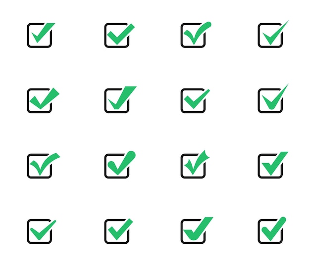 Set of check mark icons in square Check marks or ticks Green confirm symbol