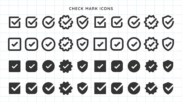 다양한 스타일의 체크 마크 아이콘 세트: 원, 사각형 및 드에 검은 체크 마크는 그리드 배경에 디자인을 위한 체크마크 아이콘 터 요소 세트