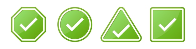 Vector set of check sign in different shapes in green