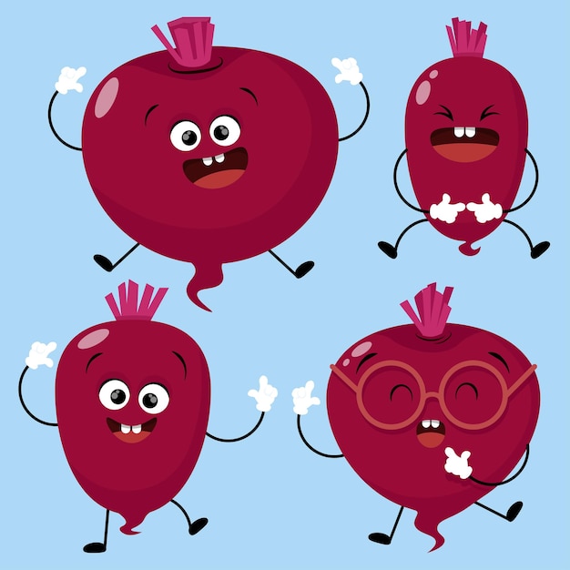 Vector set of cheerful beetroot with emotions for world vegan day