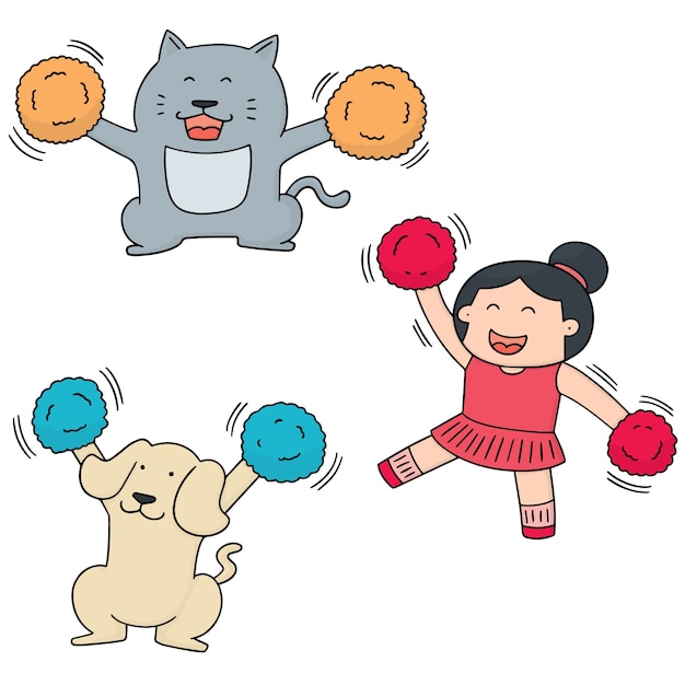 set of cheerleader, dog and cat