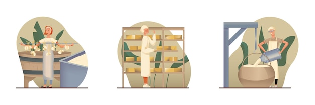 Set of cheese making process in factory Female in apron holding metal stick with hanging cheese