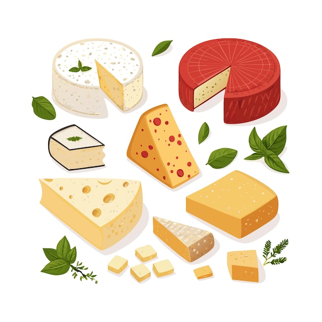 set of cheese parts and slices flat yellow milk food symbol