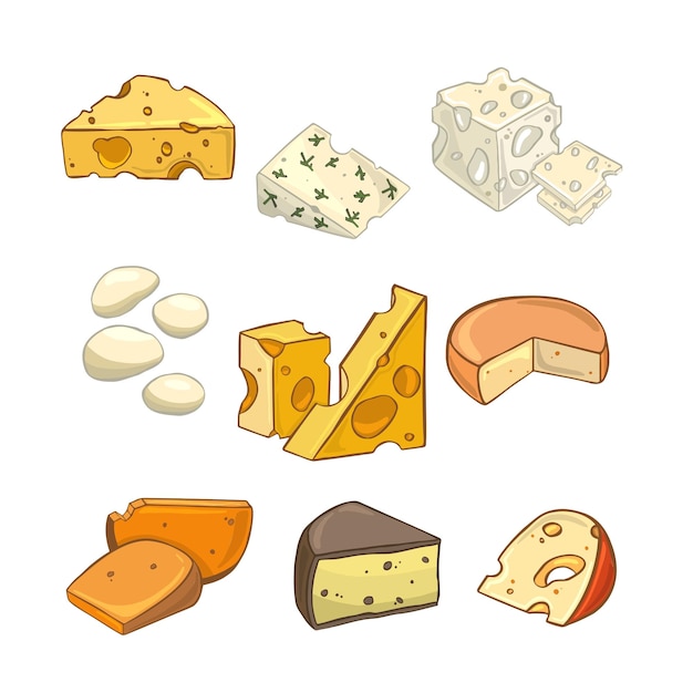 Установить символ сыра в мультяшном стиле для меню ресторана и веб-сайтов векторная иллюстрация