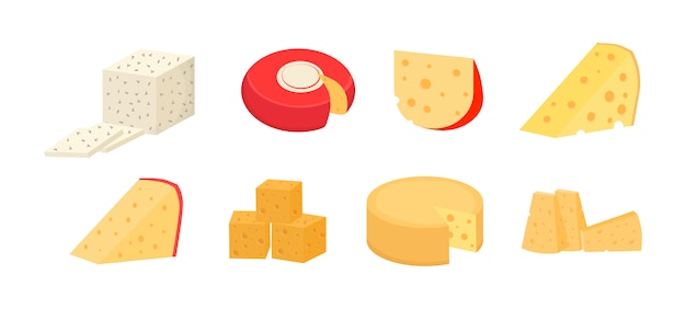 Set of cheese wheels and slices isolated on a white background. Various types of cheese. Modern flat style realistic icons. Fresh parmesan or cheddar.