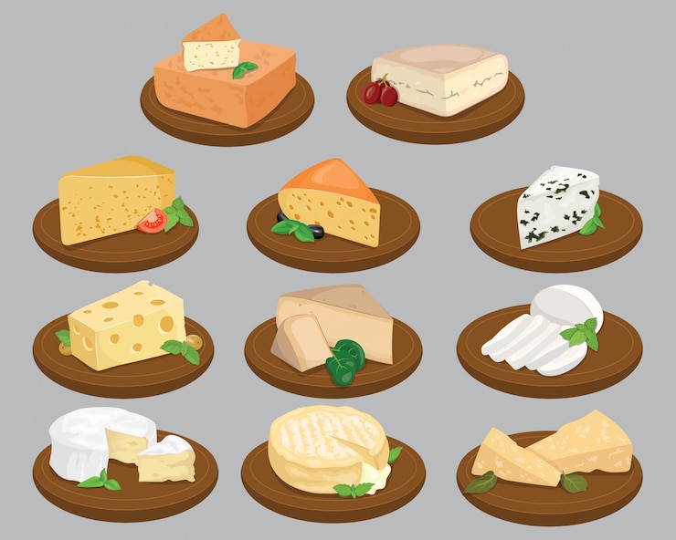 Vector set of cheeses. collection of cartoon cheeses. dairy.   illustration.