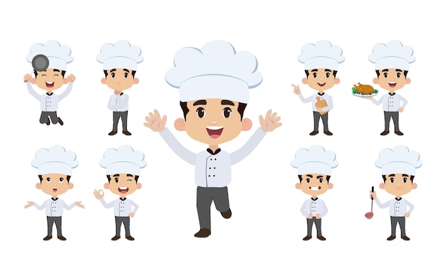 さまざまなポーズのシェフのキャラクターのセット