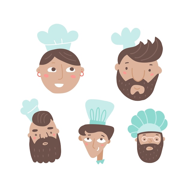 Vector set of chef cooks cartoon faces handdrawn in flat style male and female characters in a chef s hats