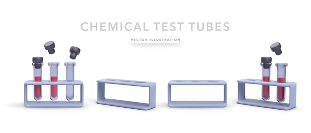 白い背景のベクトル図に分離された影と現実的なスタイルで化学のテスト チューブのセット