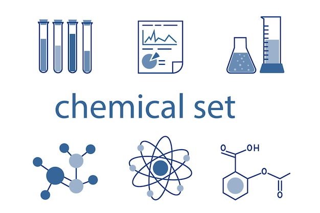 Set di laboratorio di chimica e icone diagrammatiche vetreria e molecole isolate su bianco