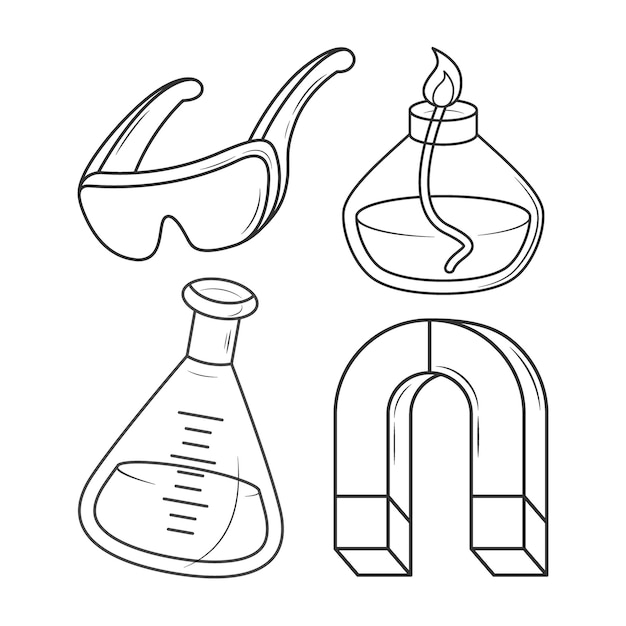 Vector set of chemistry science hand drawn doodle outline black and white education icon