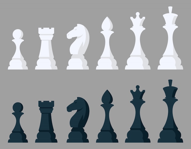 Set of chess pieces. Black and white objects in cartoon style.