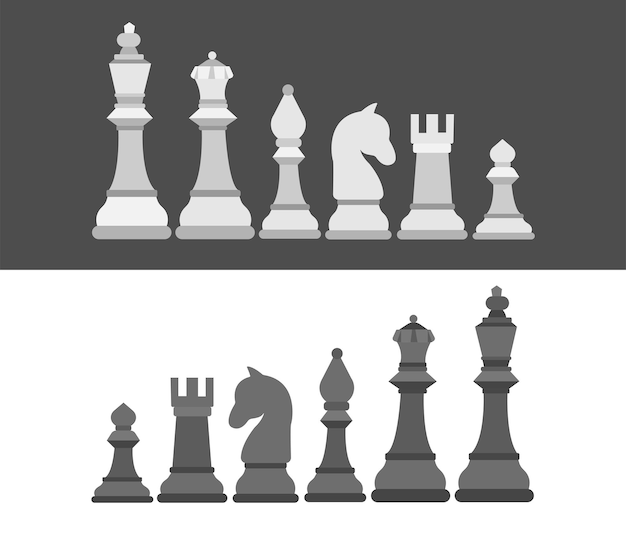 Set of chess pieces flet style Vector illustration of logic tactical turn based game on white background Types of chess in the picture king queen bishop knight rook and pawn